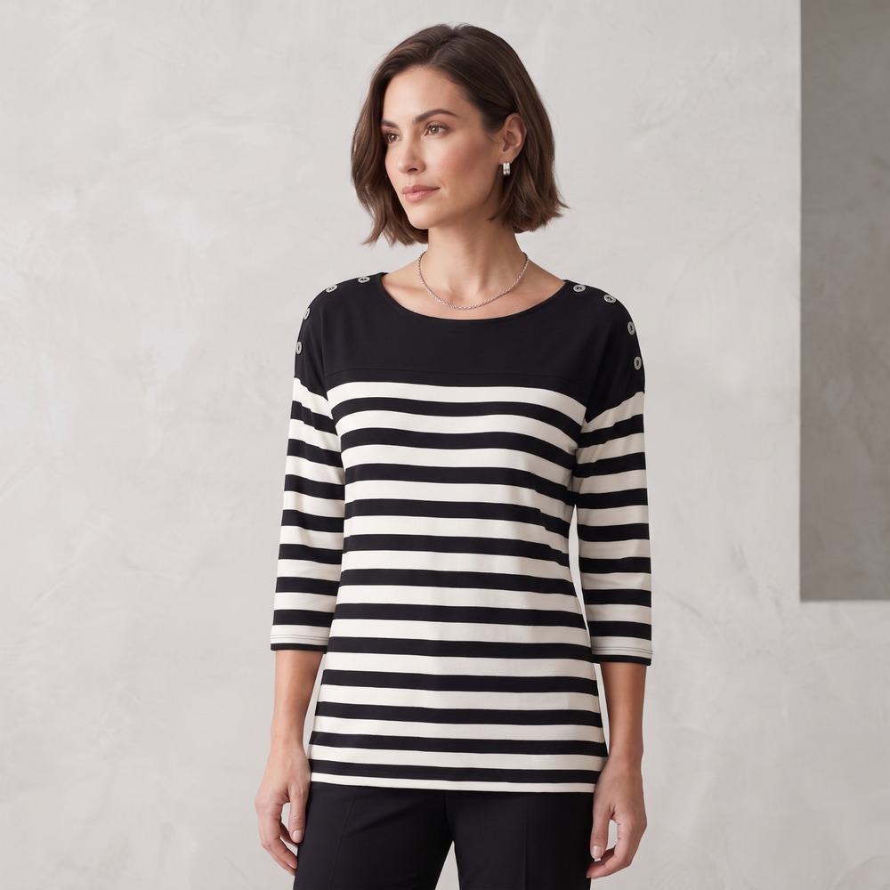 Cable & Gauge Striped Top L Parisian French Girl Nautical Black White Retro L